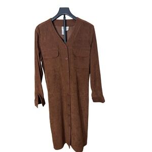 Tess Dress Brown Faux Suede Button Front Midi Shirt Dress Long Sleeve Vintage